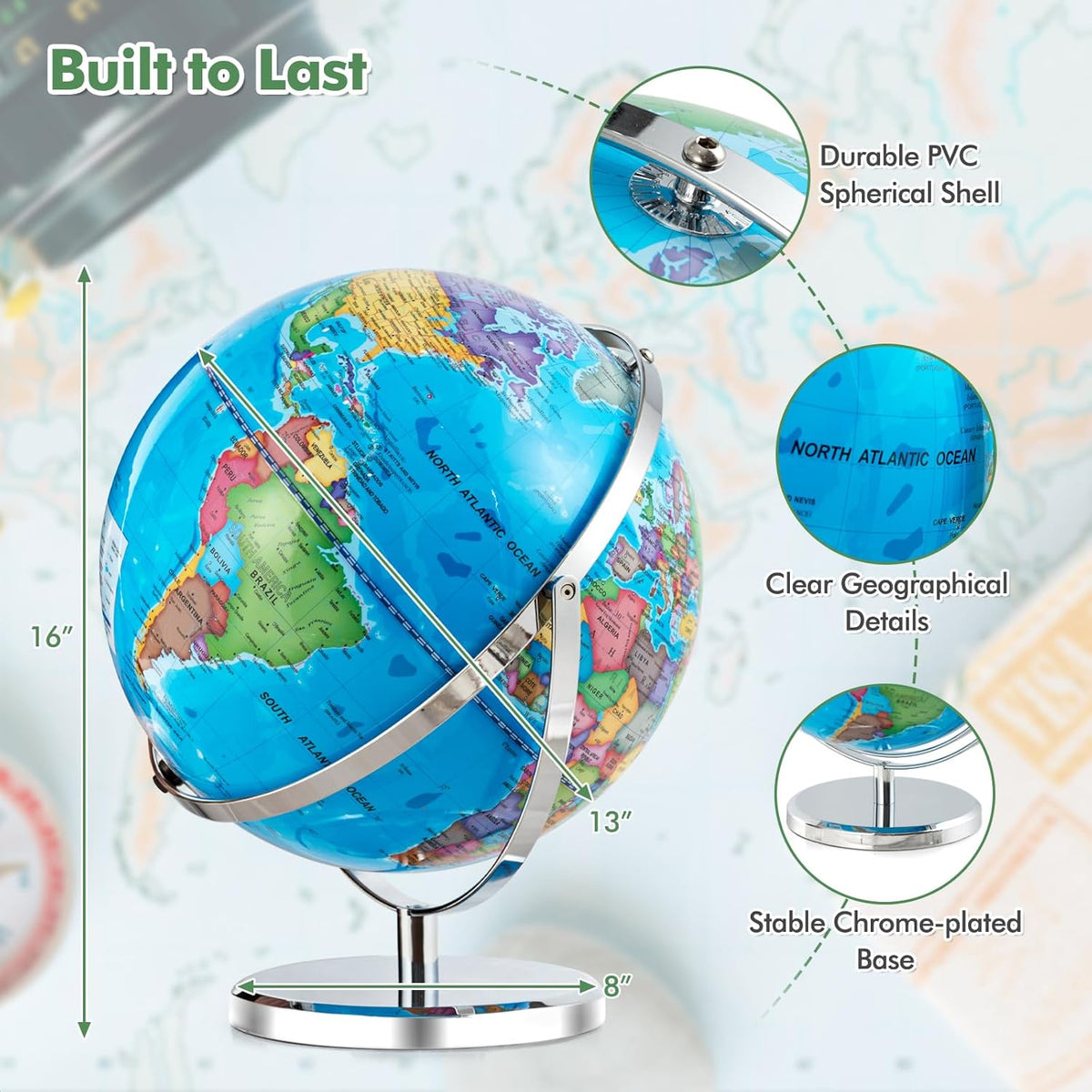COSTWAY Illuminated World Globe, 13?? Desktop Geographic Globe w/LED Light & Easy-to-Read Clear Map for Students, 720?? Rotation Decorative Globe, Educational Interactive Globe for School, Classroom