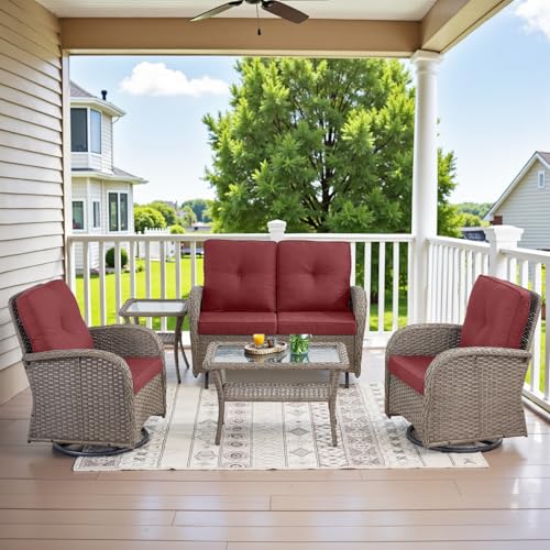 Patio Wicker Chairs Swivel Rocker - Outdoor Swivel Rocking Chairs Set of 2 with Rattan Side Table, Patio Swivel Glider Chair 3 Piece Patio Furniture Sets for Deck Porch Pool Brown/Blue