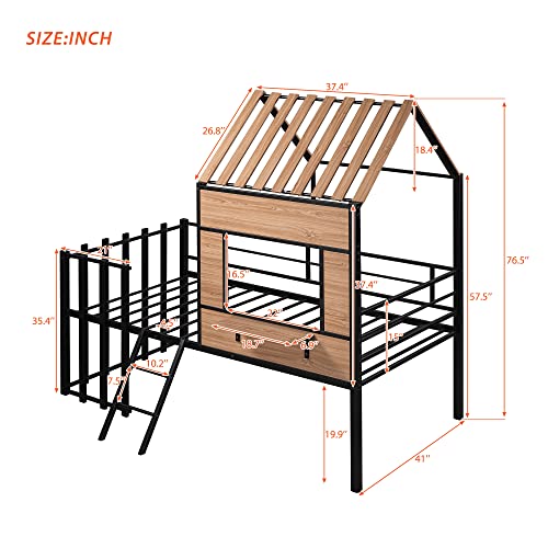 Harper & Bright Designs Kids House Beds Low Loft Bed Frame with Roof, Window, Guardrail and Ladder, Metal Twin Size Loft Bed for Kids Teens Girls Boys (Twin, White)