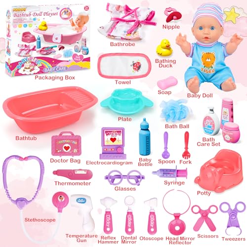 Baby Doll Toys Set, 14 Doll Toys, 25Pcs Dolls Care Toy Playset, Toddlers Toy Doll Set Incl Cradle Crib, High Chair, Milk Bottle, Pacifier, Diaper, Baby Gift for Age 3 4 5 6+ Years Old Girls Boys