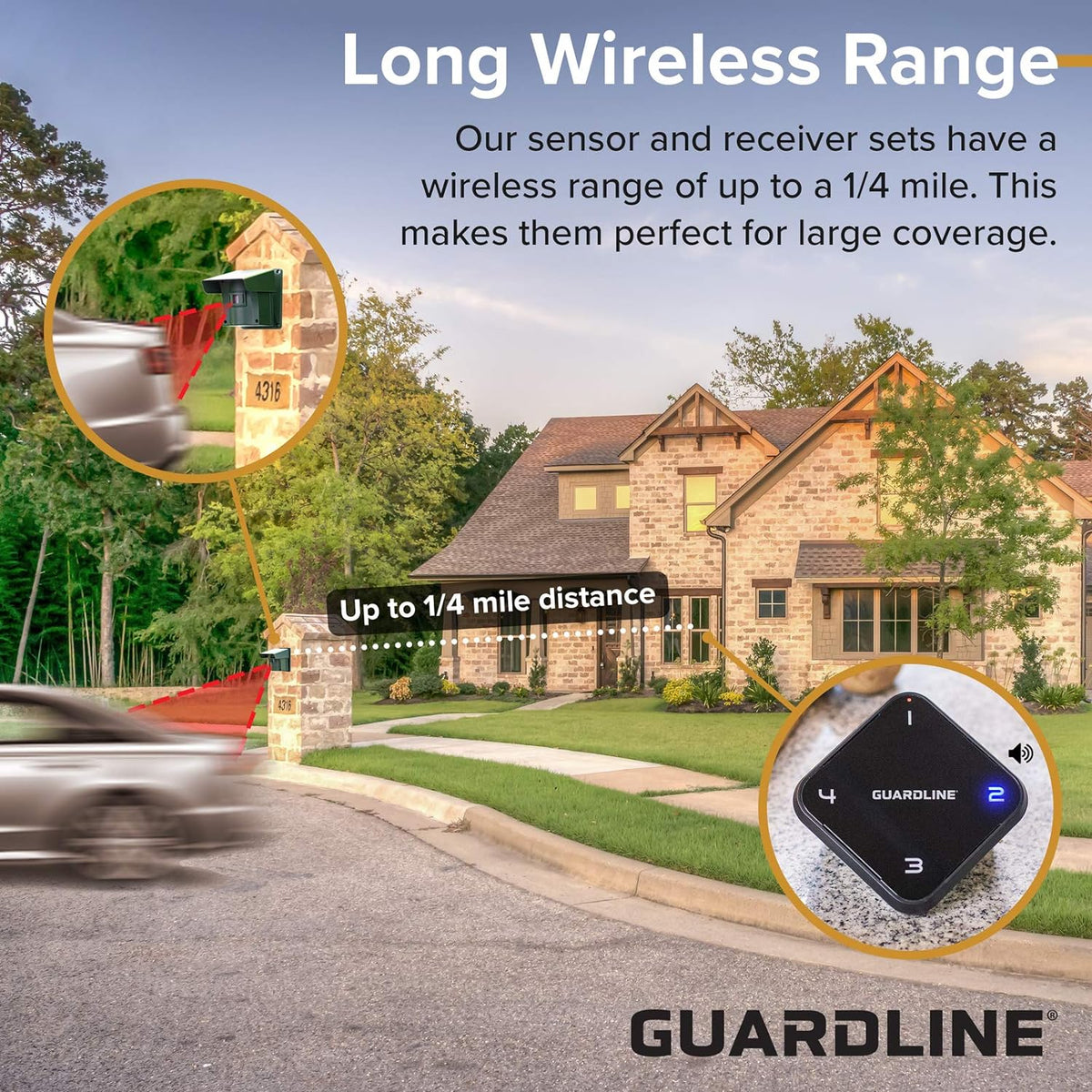 Guardline Wireless Driveway Alarm - 4 Motion Detector Alarm Sensors & 1 Receiver, 1/4 Mile Range, Weatherproof Outdoor Security Alert System for Home & Property