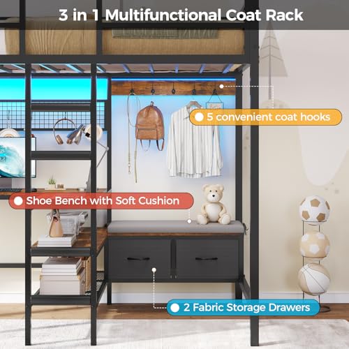 DICTAC Twin Loft Bed with L-Shaped Desk,Storage Shelves and Charging Station Metal Loft Bed Twin Size with LED Lights,Coat Rack with Drawers and Stair,Top Bunk with Safety Guardrail for Teen,Black
