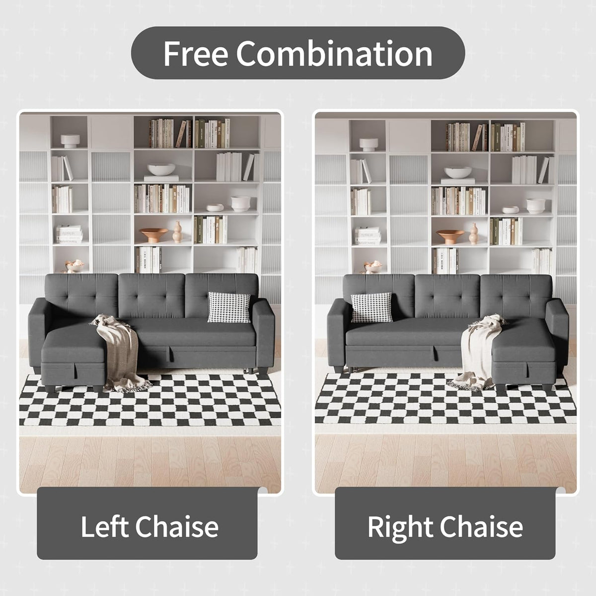 Sleeper Sofa Pull Out Couch with Storage Chaise Lounge Convertible Sectional Sofa L-Shape Modern Fabric Sofa Bed for Living Room, Apartment, Small Spaces, Dark Gray