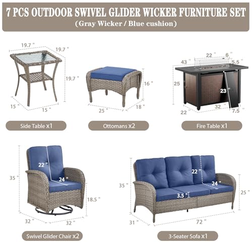 Patio Wicker Chairs Swivel Rocker - Outdoor Swivel Rocking Chairs Set of 2 with Rattan Side Table, Patio Swivel Glider Chair 3 Piece Patio Furniture Sets for Deck Porch Pool Brown/Blue