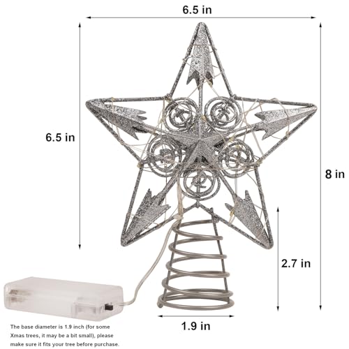 Juegoal Star Tree Topper with 20 LED Lights, Metal Golden Lighted Treetop Ornaments, Battery Powered Light Up Christmas Tree Decorations, 6.5 x 6.5 Inches