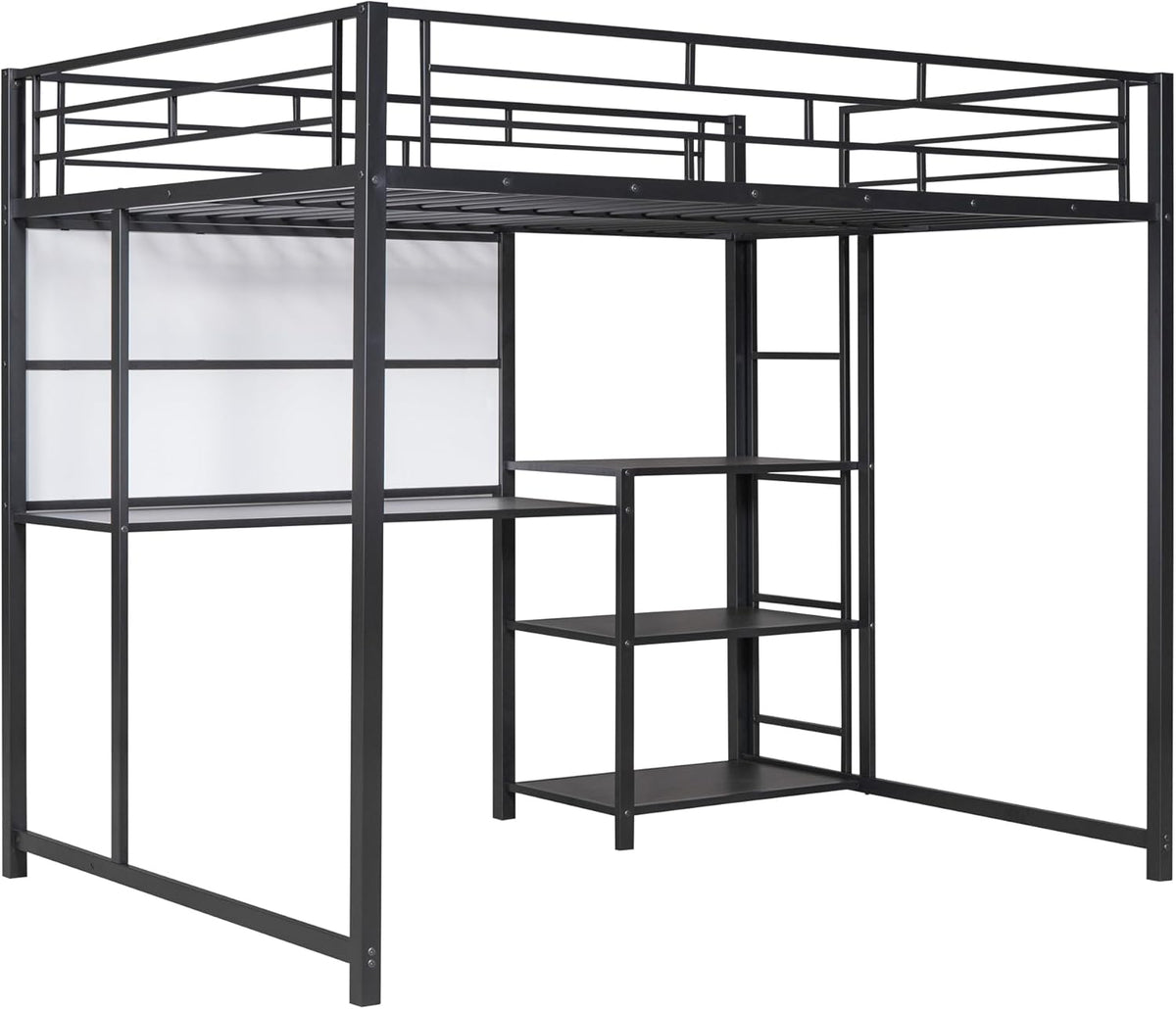 Full Size Metal Loft Bed with Desk, Whiteboard and 3-layer Shelves, Heavy Duty Loftbed w/Storage and Built-in Ladder, for Kids Teens Bedroom Dorm, Black