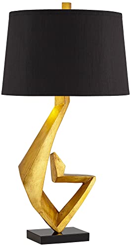 Possini Euro Design Zeus Mid Century Modern Glam Luxury Table Lamp 28.5 Tall Sculptural Gold Leaf Metal Black Fabric Tapered Drum Shade Decor for Living Room Bedroom House Bedside Nightstand Home