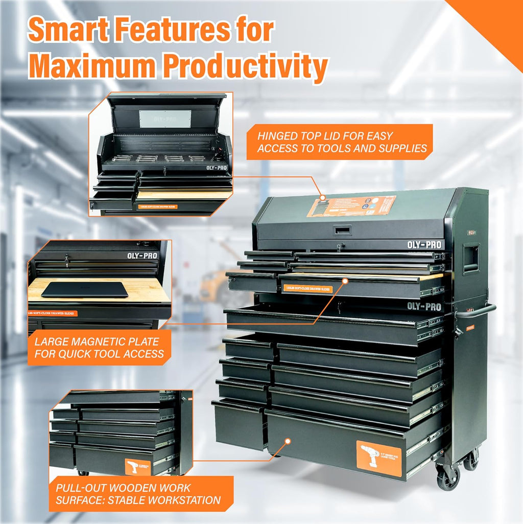 Olympia Tools Heavy Duty 52in. 15-Drawer Tool Chest and Rolling Cabinet Combo, Mechanic Tool Organizer Box for Garage Workshop, Black
