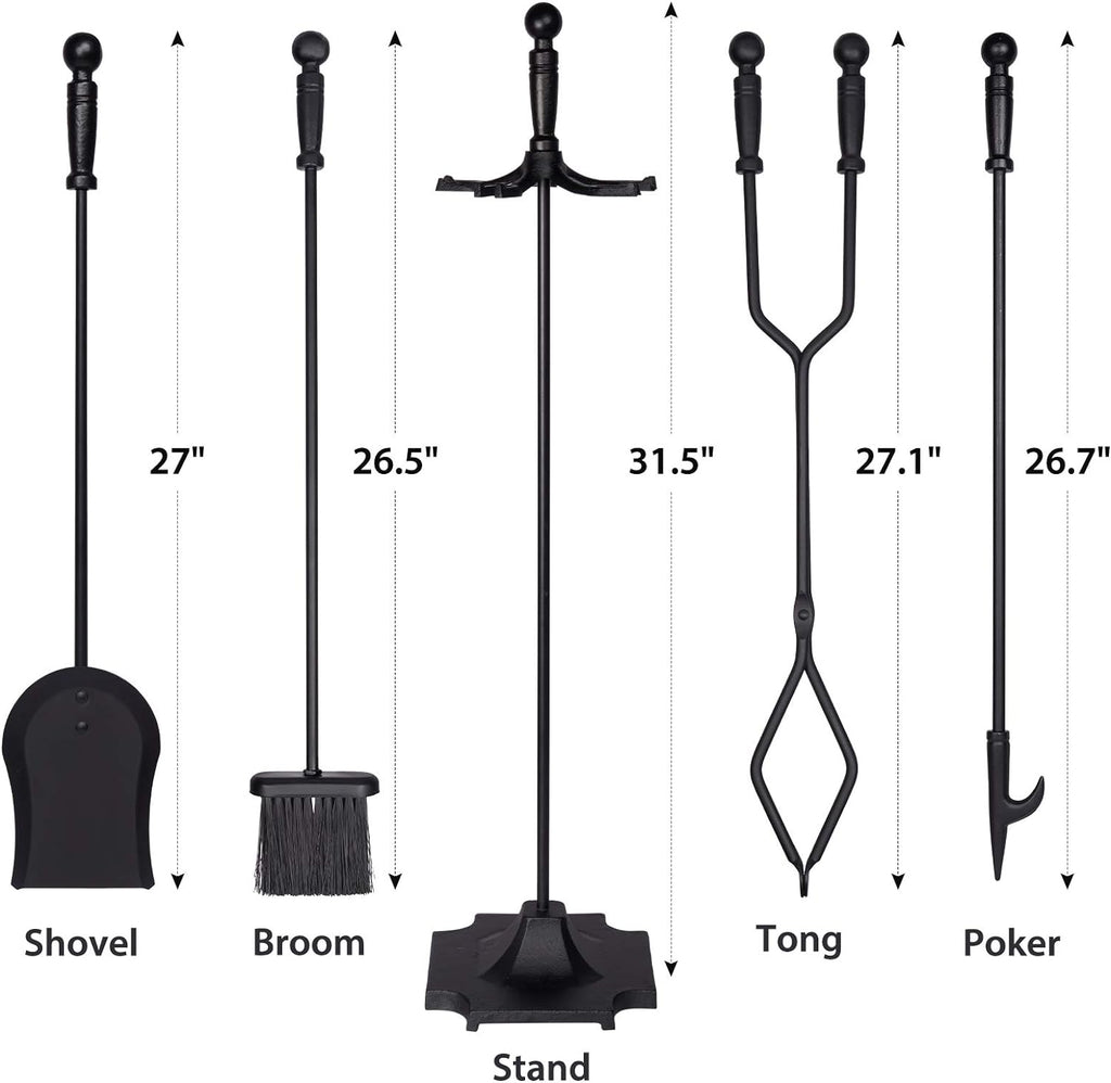 Parts & Accessories 5-Piece Fireplace Tools Set, 32 Inch Wrought Iron Fireplace Accessories Includes Fire Poker, Shovel, Brush, Tong, and Stand, Easy to Assemble