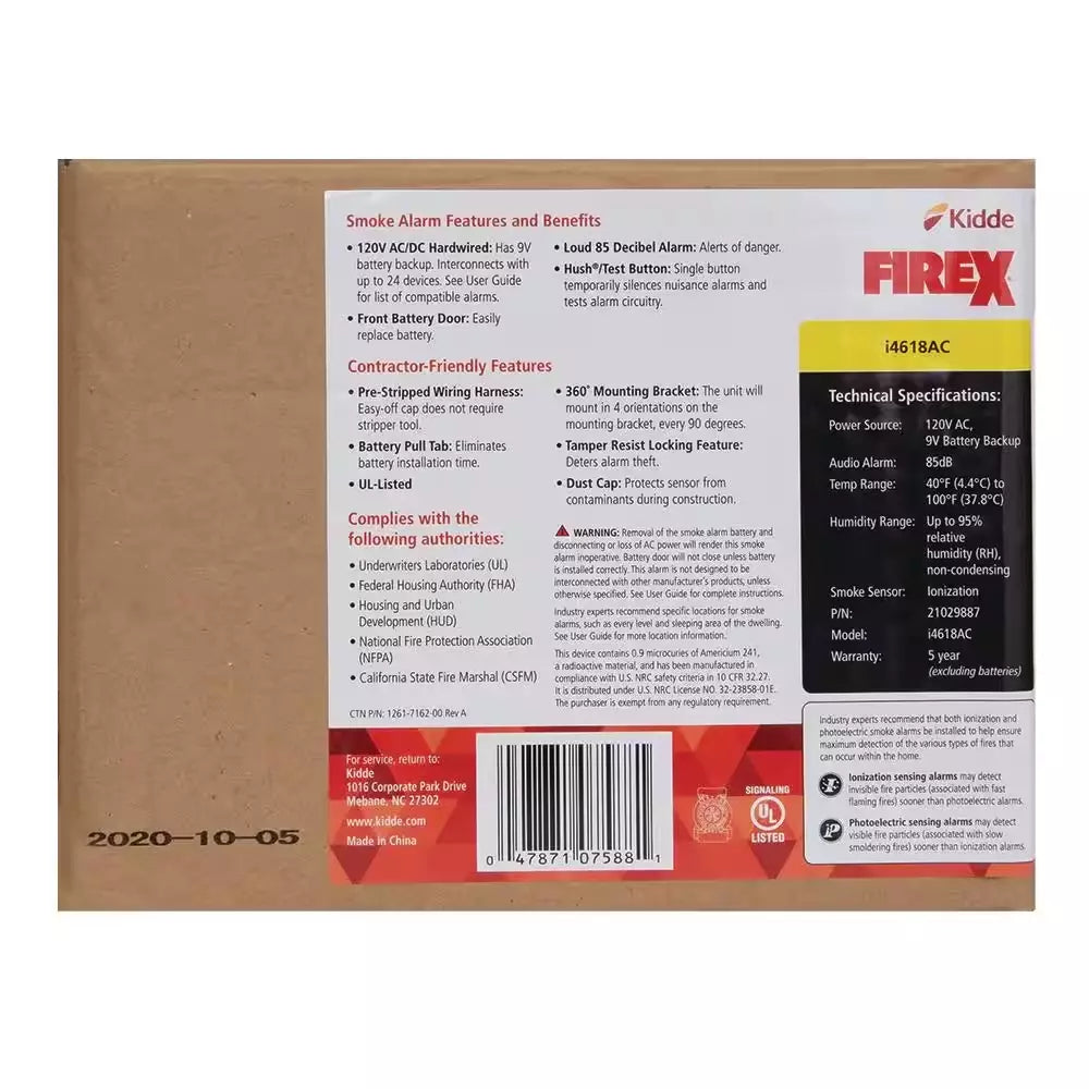 Kidde i4618 4-Pack Hardwired Smoke Alarm with Ionization Sensor, 120V AC, 9V Battery Backup