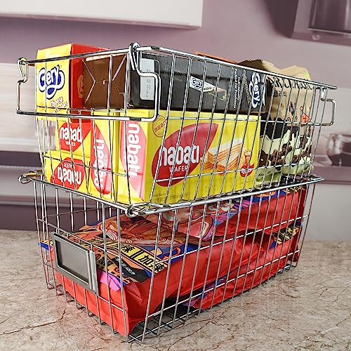 Orgneas Stackable Chest Freezer Baskets Organizer Bins, Metal Wire Baskets Pantry Organizer Produce Baskets with Tag Slot for Snacks Vegetables and Fruits