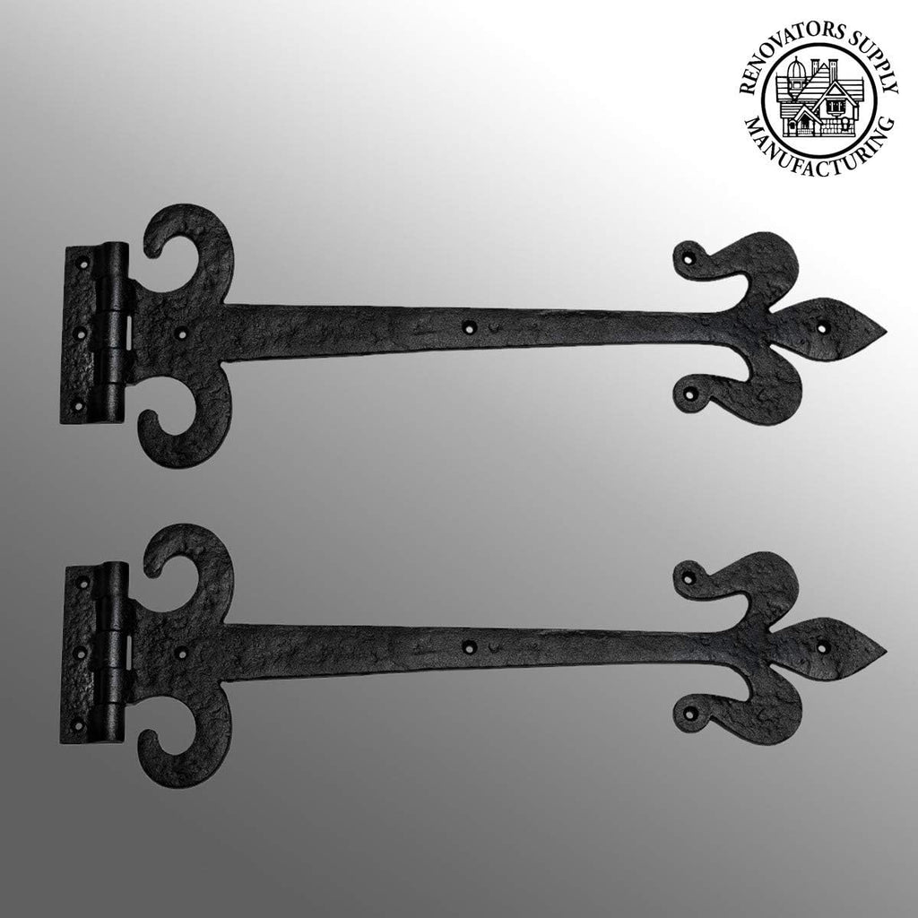 Renovators Supply Manufacturing Black Wrought Iron Door Strap Hinge 18 Long Antique Fleur De Lis Style Rust Resistant Flush Mount Door Hinges for Cabinet Or Barn Doors with Hardware Pack of 2