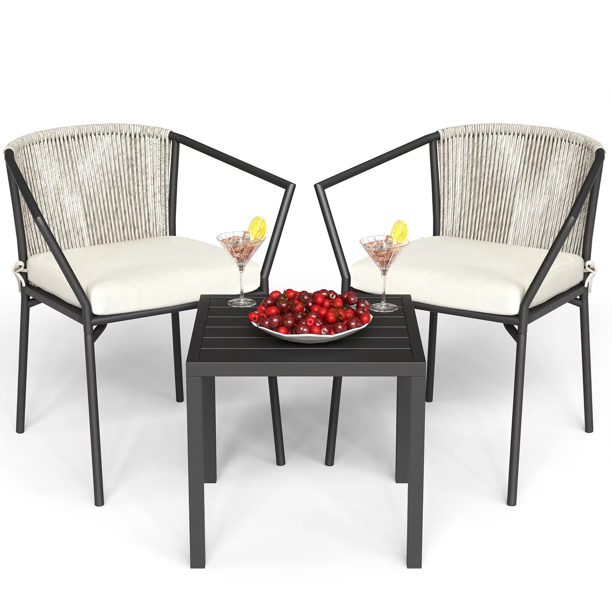 Dextrus 3-Piece Patio Conversation Bistro Set, Outdoor Wicker Dining Table Chairs Set, With 2 Stackable Chairs, Cushions, Side Table - White