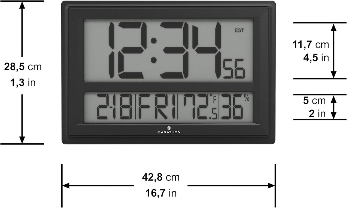 MARATHON Jumbo Atomic Wall Clock with Temperature and Humidity (Black)