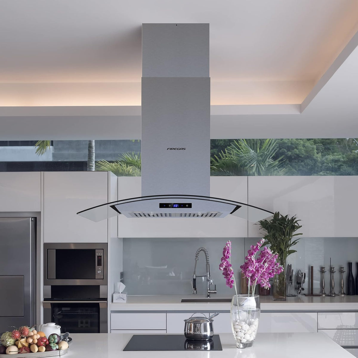 FIREGAS Island Range Hood 36 inch 450 CFM with Chimney,Tempered Glass,4 LED Lights,3 Speed Fan,Touch Control,Permanent Filter,Charcoal Filter,Stainless Steel,Island Mount,Ceiling Mount