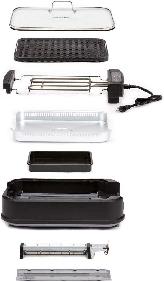 Power XL Smokeless Electric Indoor Removable Grill and Griddle Plates, Nonstick Cooking Surfaces, Glass Lid, 1500 Watt, 21X 15.4X 8.1, black