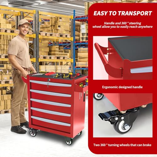 Rolling Tool Chest, Metal Tool Box with 5 Drawers, Lockable Garage Storage Cabinets Sliding Tool Drawer Cart on Wheels Toolbox Organization Workbench for Workshop Warehouse Repair Shop