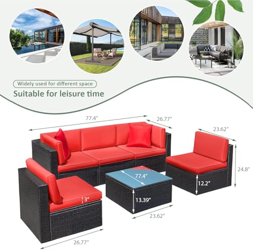 Devoko Patio Furniture Sets 6 Pieces Outdoor Sectional Rattan Sofa Manual Weaving Wicker Patio Conversation Set with Glass Table and Cushion (Beige)