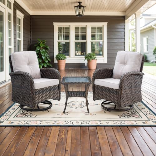 Patio Wicker Chairs Swivel Rocker - Outdoor Swivel Rocking Chairs Set of 2 with Rattan Side Table, Patio Swivel Glider Chair 3 Piece Patio Furniture Sets for Deck Porch Pool Brown/Blue