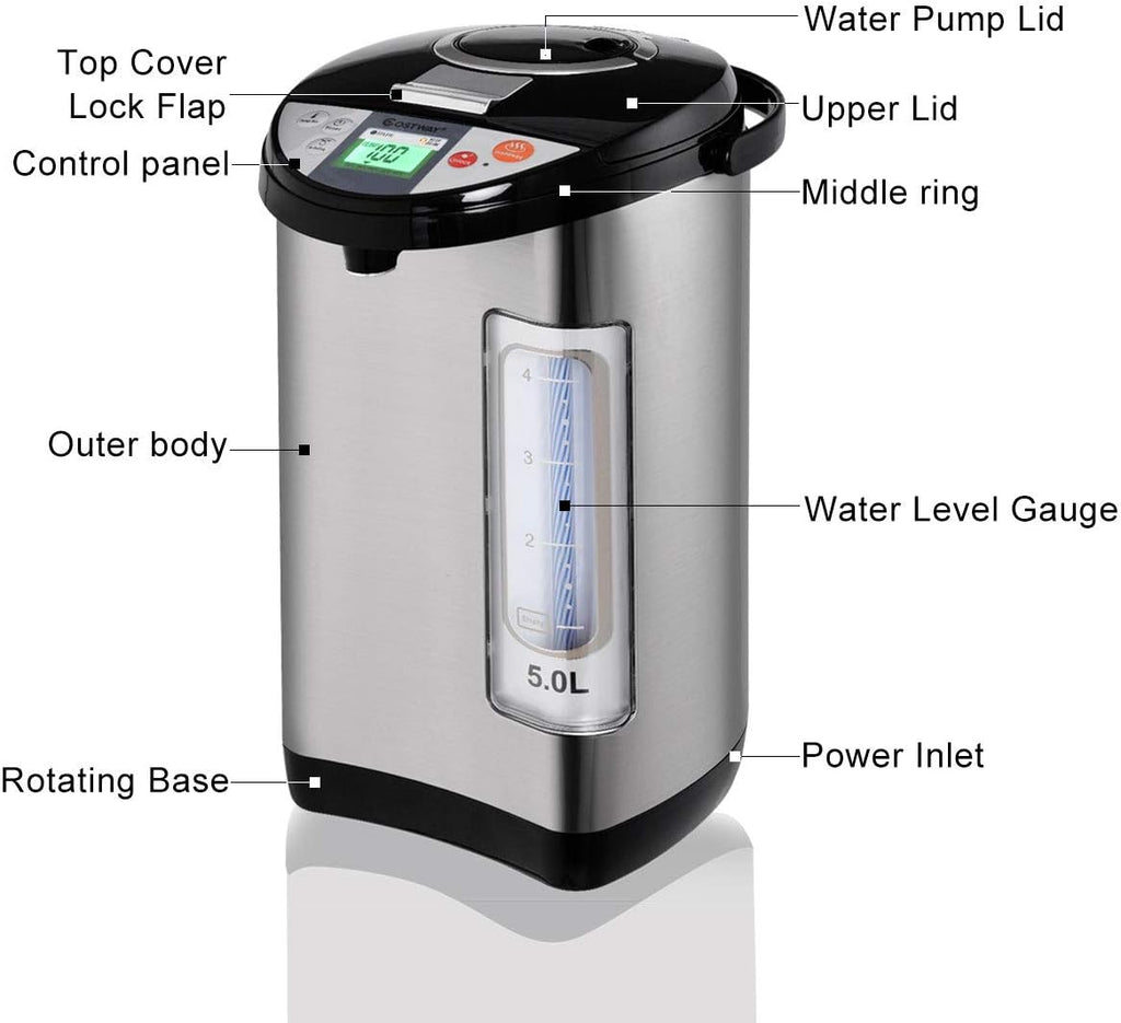 Costway Instant Electric Hot Water Boiler and Warmer, 5-Liter LCD Water Pot with 5 Stage Temperature Settings, Safety Lock to Prevent Spillage, Stainless Steel Hot Water Dispenser