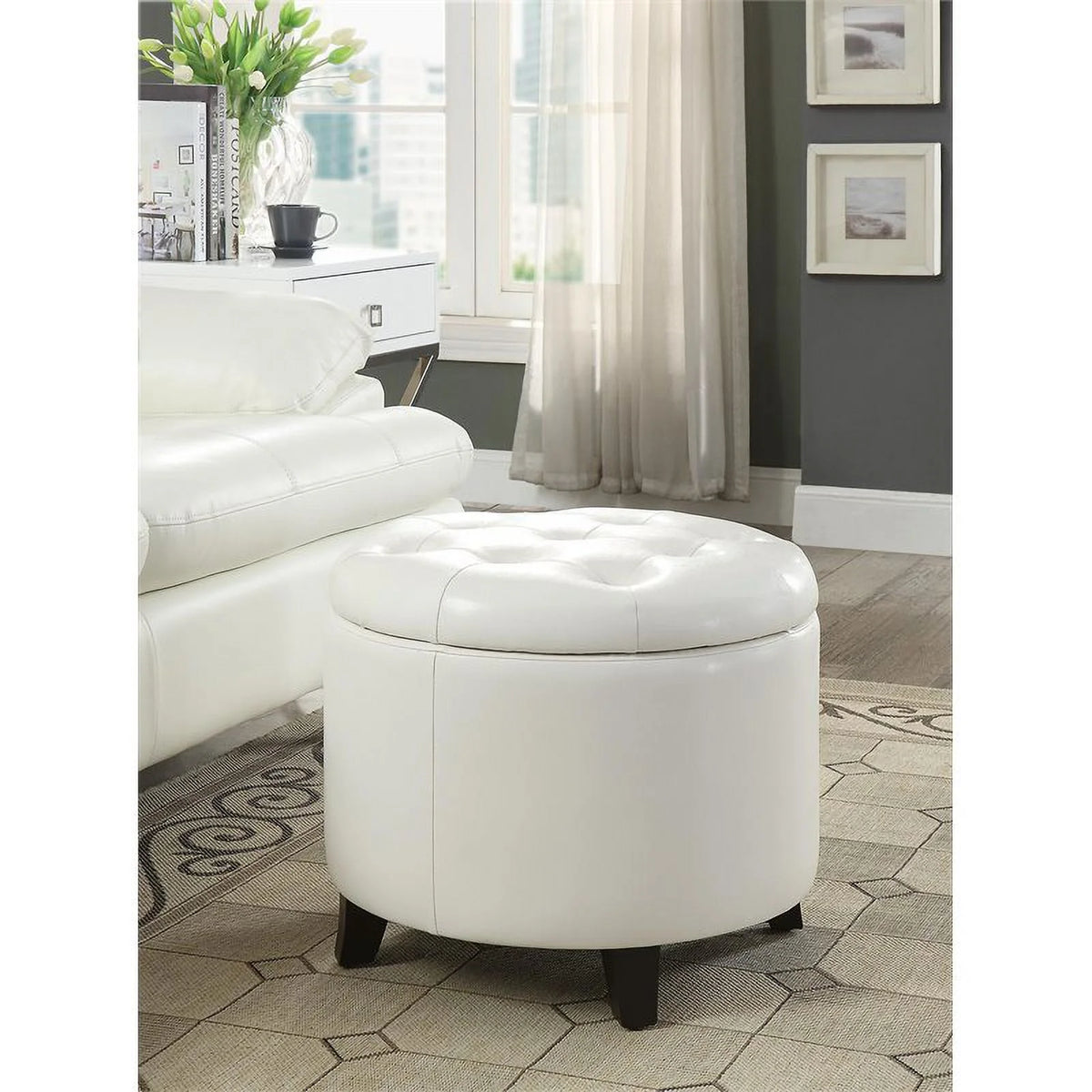 Pemberly Row Modern Round Ottoman in Ivory Faux Leather Fabric