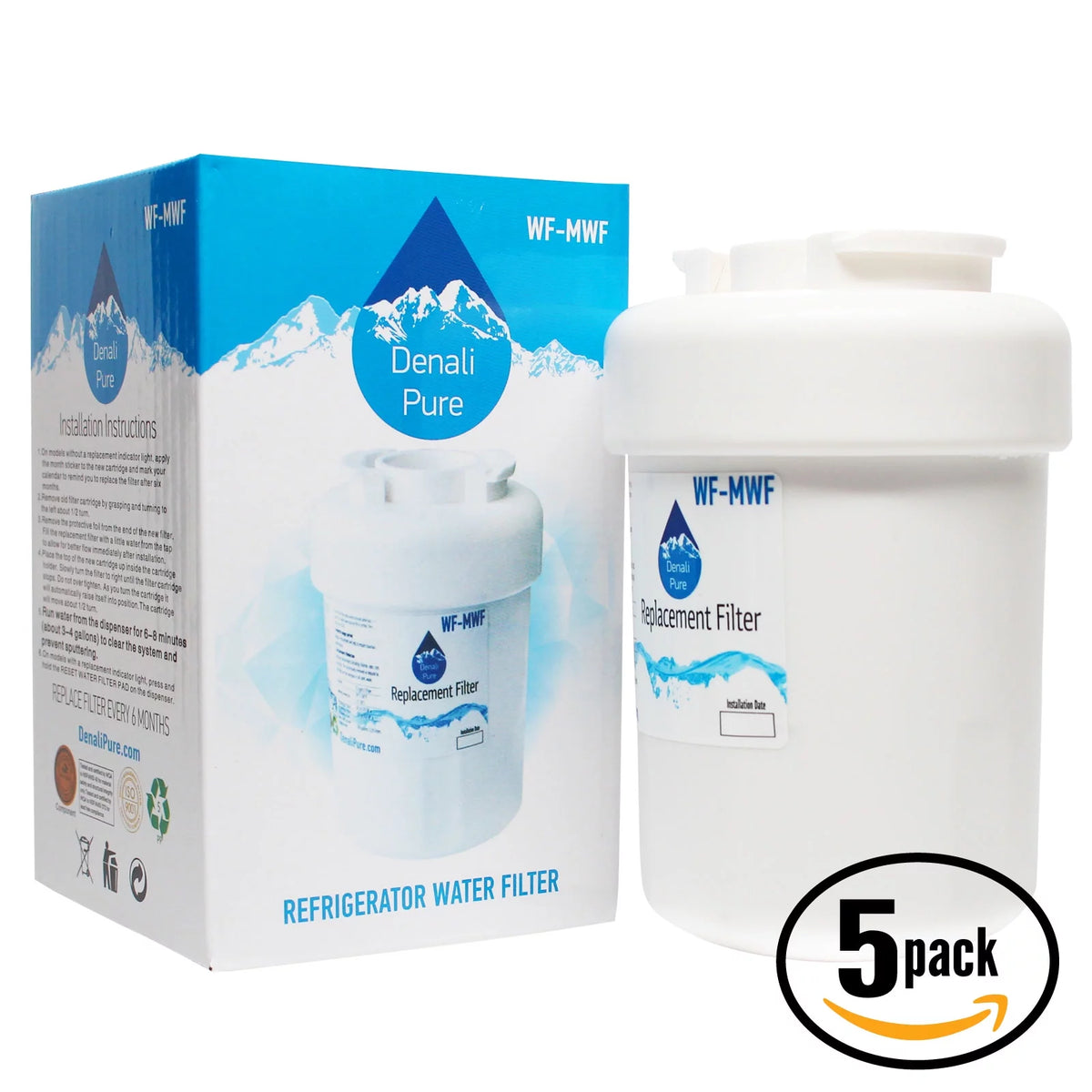 5-Pack Replacement General Electric GSH22JFZBWW Refrigerator Water Filter - Compatible General Electric MWF, MWFP Fridge Water Filter Cartridge - Denali Pure Brand