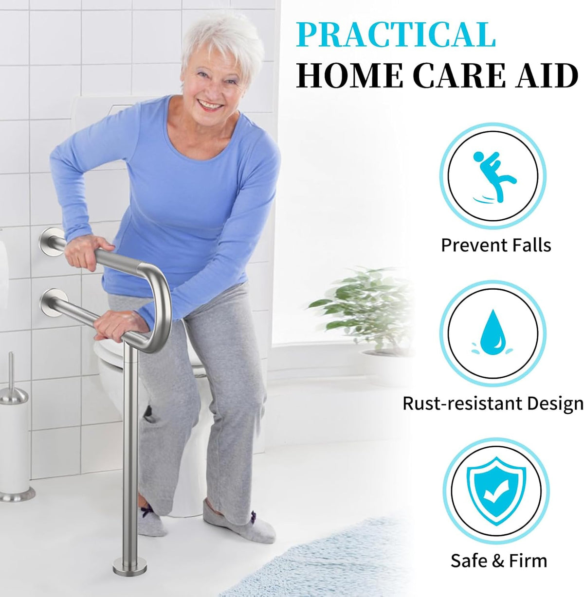 Toilet Support Rail 31.3X 31.5 Inch, Munzong Anti-Slip Satin Brushed Nickel Handicap Grab Bar for Bathroom, Stainless Steel Knurled Safety handrails with Leg for Elderly Disabled Pregnant-1.25??Tube