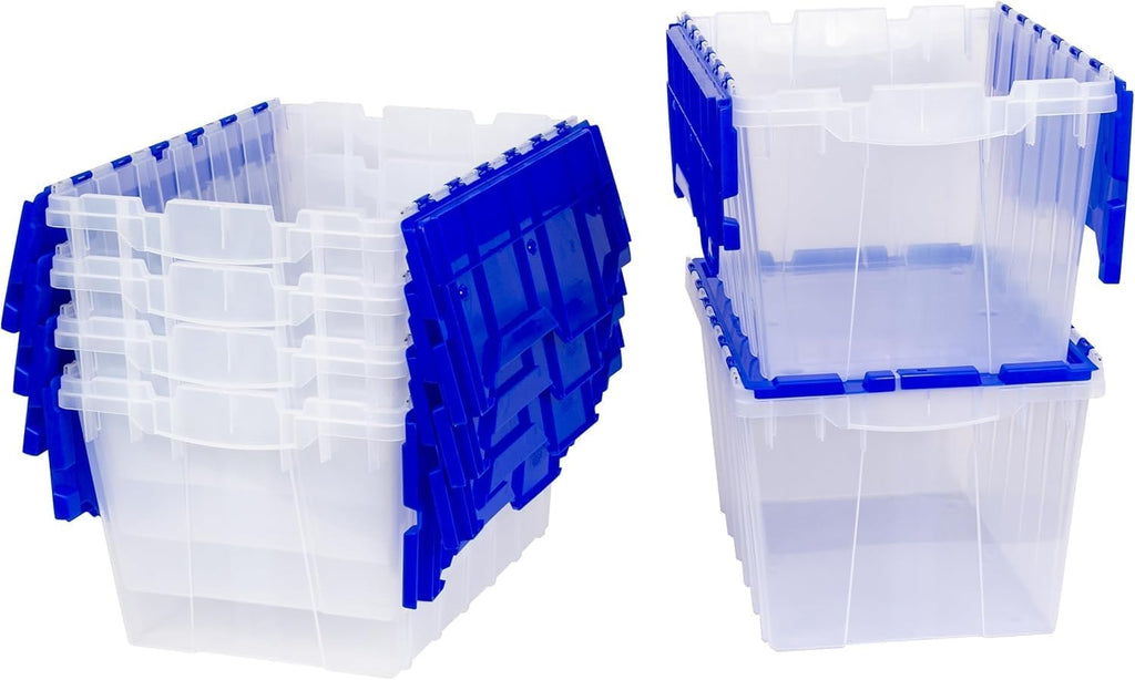 Akro-Mils KeepBox 12 Gallon Storage Container, Nesting and Stackable Plastic Storage Box with Lid Attached, Clear Tote for Garages, Closets, and Moving, 21-1/2 x 15 x 12-1/2, Clear/Blue, 6-Pack