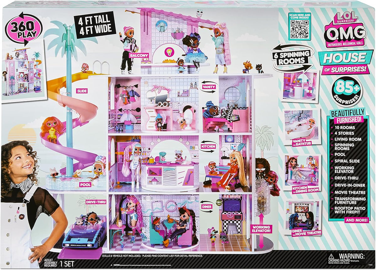 LOL Surprise OMG House of Surprises ?C New Real Wood Dollhouse with 85+ Surprises, 4 Floors, 10 Rooms, Elevator, Spiral Slide, Pool, Movie Theater Drive Thru, Rooftop- Toy Gift for Girls Ages 4 5 6 7+