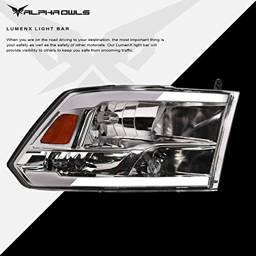 Alpha Owls 8710401 Crystal Headlights With Switchback Sequential LED Light Bar & Startup Light - Black Amber Fits 2009-2018 Dodge Ram 1500 2500 3500/2019-2023 Classic Halogen Models