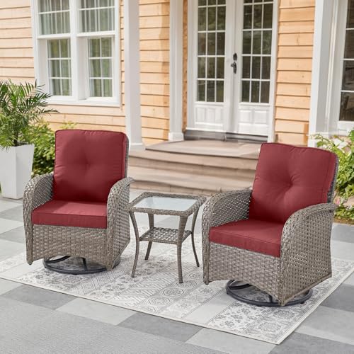 Patio Wicker Chairs Swivel Rocker - Outdoor Swivel Rocking Chairs Set of 2 with Rattan Side Table, Patio Swivel Glider Chair 3 Piece Patio Furniture Sets for Deck Porch Pool Brown/Blue