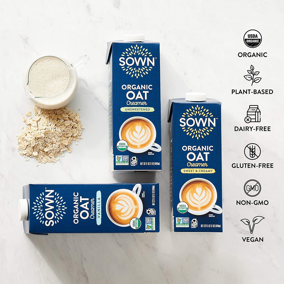 SOWN Organic Oat Creamer Unsweetened - Barista Oat Milk Non Dairy Coffee Creamer - Plant Based, Dairy-Free, Vegan, 0g Added Sugar, Gluten-Free, Non-GMO, Shelf Stable - 32oz (Pack of 6)