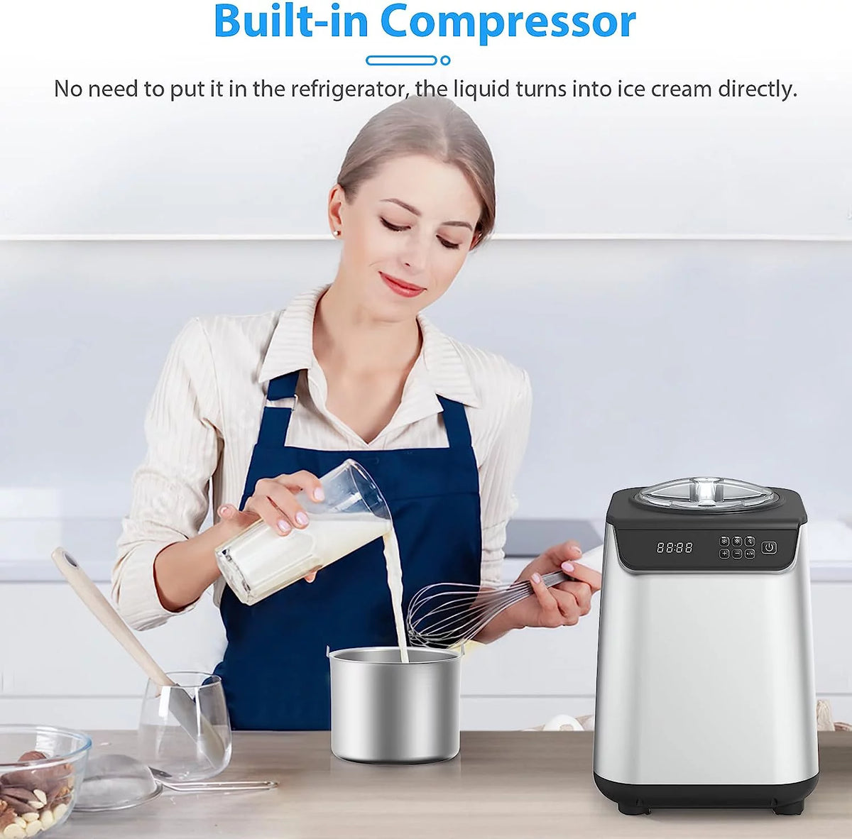 KISSAIR Upright Ice Cream Maker, Homemade Ice Cream Maker for Kids, Stainless Steel Machine with LED Display, 3 Modes for Gelato, Frozen Yogurt, Sorbet, 1.5L