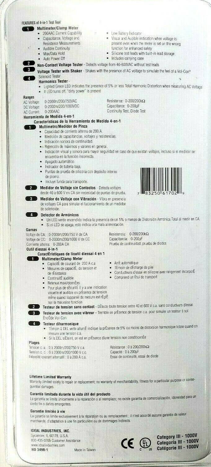 Ideal 61-702 Digital Clamp METER; 200 Amp