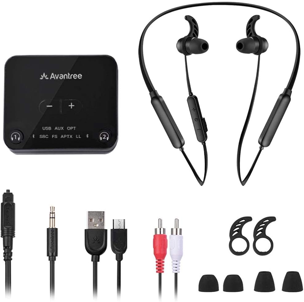 Avantree HT4186 Wireless Headphones Earbuds for TV Watching, Neckband Earphones Set w/Bluetooth Transmitter for Optical Digital Audio, RCA, 3.5mm Aux Ported TVs, Plug & Play, No Audio Delay