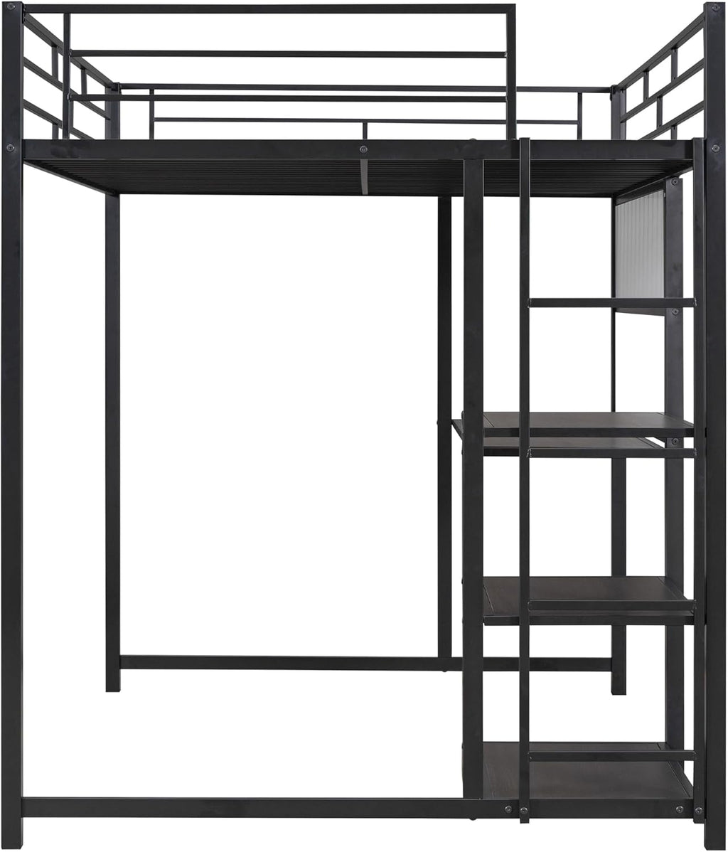 Full Size Metal Loft Bed with Desk, Whiteboard and 3-layer Shelves, Heavy Duty Loftbed w/Storage and Built-in Ladder, for Kids Teens Bedroom Dorm, Black