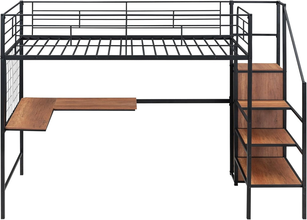 Black Twin Metal Loft Bed W/Desk Lateral Storage Ladder Wardrobe Glam Modern Contemporary Unisex Space MDF Finish Handmade Headboard Included