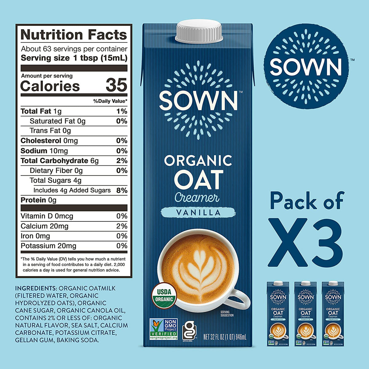 SOWN Organic Oat Creamer Unsweetened - Barista Oat Milk Non Dairy Coffee Creamer - Plant Based, Dairy-Free, Vegan, 0g Added Sugar, Gluten-Free, Non-GMO, Shelf Stable - 32oz (Pack of 6)