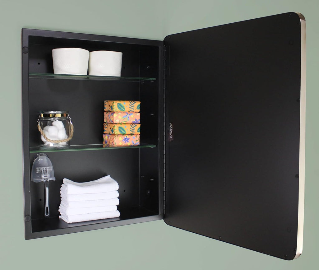 16x20 Austin Farmhouse Metal Framed Rounded Rectangle Recessed Bathroom Medicine Cabinet, Beveled Mirror, 14x18 in-Wall Opening, powder-coated Steel, Glass Shelves, Magnet Close, Brushed Nickel