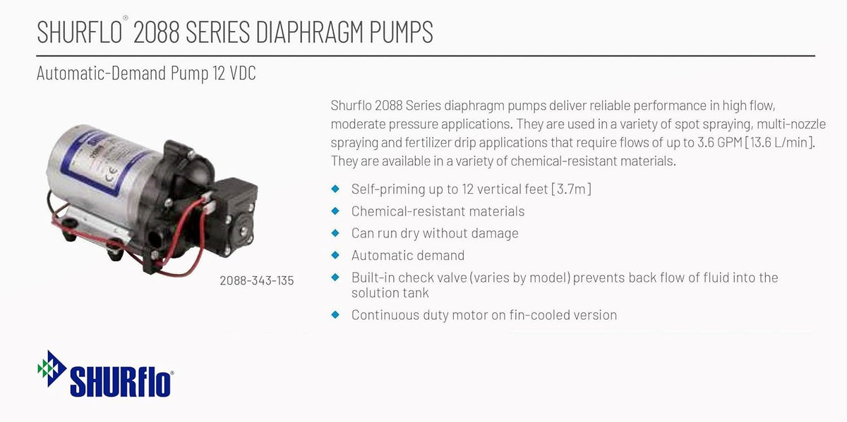 Shurflo 2088-343-135 Automatic-Demand Diaphragm Pump, 12VDC, 45 PSI Demand Switch, 3.0 GPM With Viton Valves, Santoprene Diaphragm, Self-Priming, 10 AMPS (Max), 1/2-14 NPSM Port