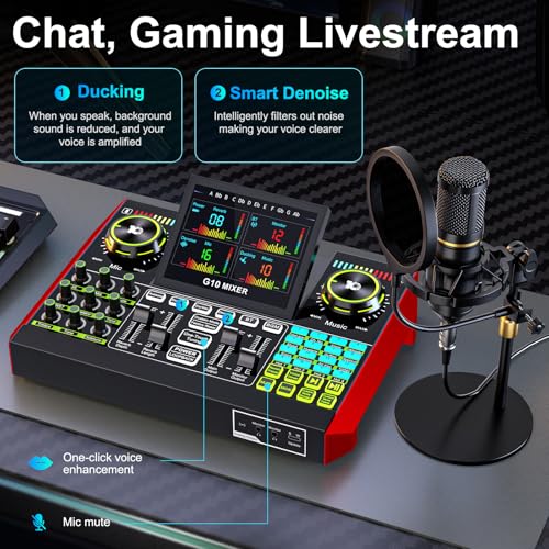 Podcast Microphone Bundle with Live Sound Card Audio Mixer, Podcast Equipment Bundle with 3.5mm Condenser Microphone for Pc/Phone Live Streaming Singing Gaming, Sound Board with Voice Changer, Denoise