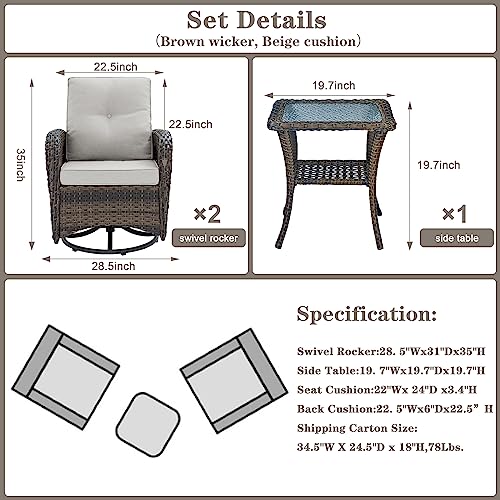 Patio Wicker Chairs Swivel Rocker - Outdoor Swivel Rocking Chairs Set of 2 with Rattan Side Table, Patio Swivel Glider Chair 3 Piece Patio Furniture Sets for Deck Porch Pool Brown/Blue
