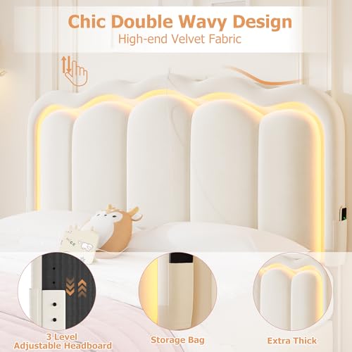 Twin Upholstered LED Bed Frame with Storage Drawer and Adjustable Chic Double Wavy Headboard, Velvet Princess Platform Bed for Kids/Girls, Solid Wood Slats Support, No Box Spring Needed, Beige