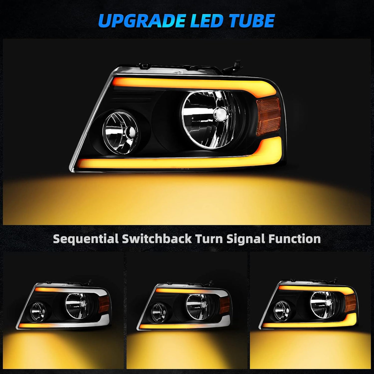 AUTOSAVER88 Switchback LED Tube Headlights Assembly Compatible with 2004 2005 2006 2007 2008 Ford F150 F-150 DRL Headlamp Replacement Pair with Amber Reflector