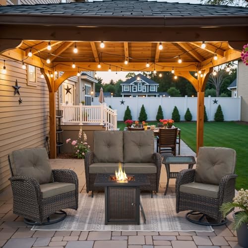 Patio Wicker Chairs Swivel Rocker - Outdoor Swivel Rocking Chairs Set of 2 with Rattan Side Table, Patio Swivel Glider Chair 3 Piece Patio Furniture Sets for Deck Porch Pool Brown/Blue