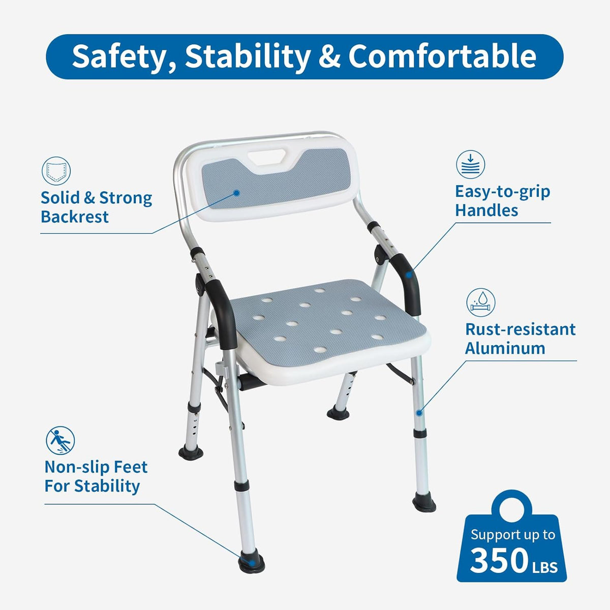Shower Chair for Elderly & Disabled, Folding Shower Chair Seat with Arm and Back, Inside Shower Chair, Foldable Bathroom Chairs for Sitting, Portable for Travel - Collapsible, Compact & Comfortable