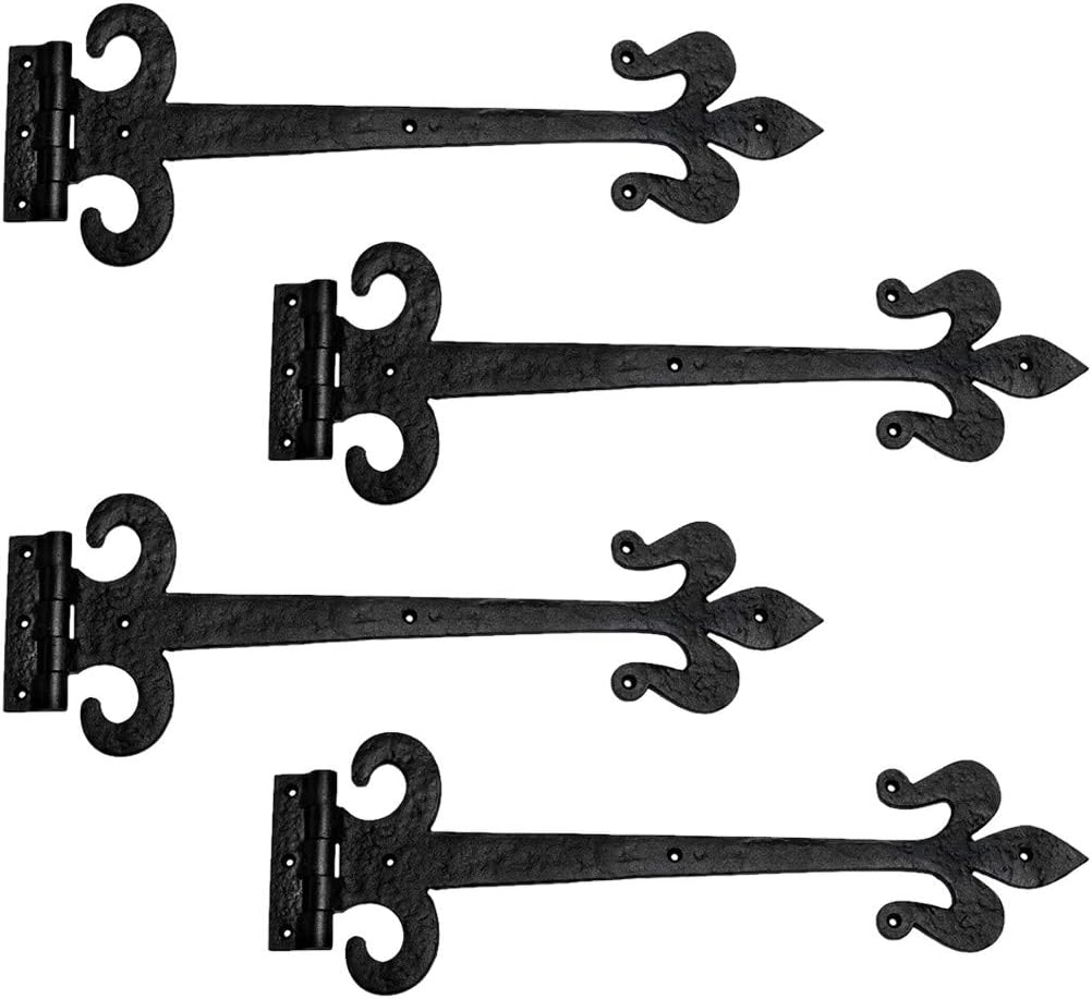 Renovators Supply Manufacturing Black Wrought Iron Door Strap Hinge 18 Long Antique Fleur De Lis Style Rust Resistant Flush Mount Door Hinges for Cabinet Or Barn Doors with Hardware Pack of 2
