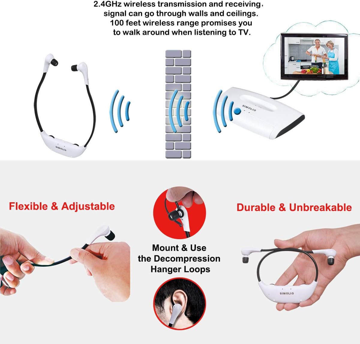 SIMOLIO 100 ft Long-Distance Wireless TV Headphones for Digital and Analog TV, TV Listening Device for Hearing Impaired and Seniors w/Voice Highlighting,Tone Control and Balance Adjustment SM-823D Pro