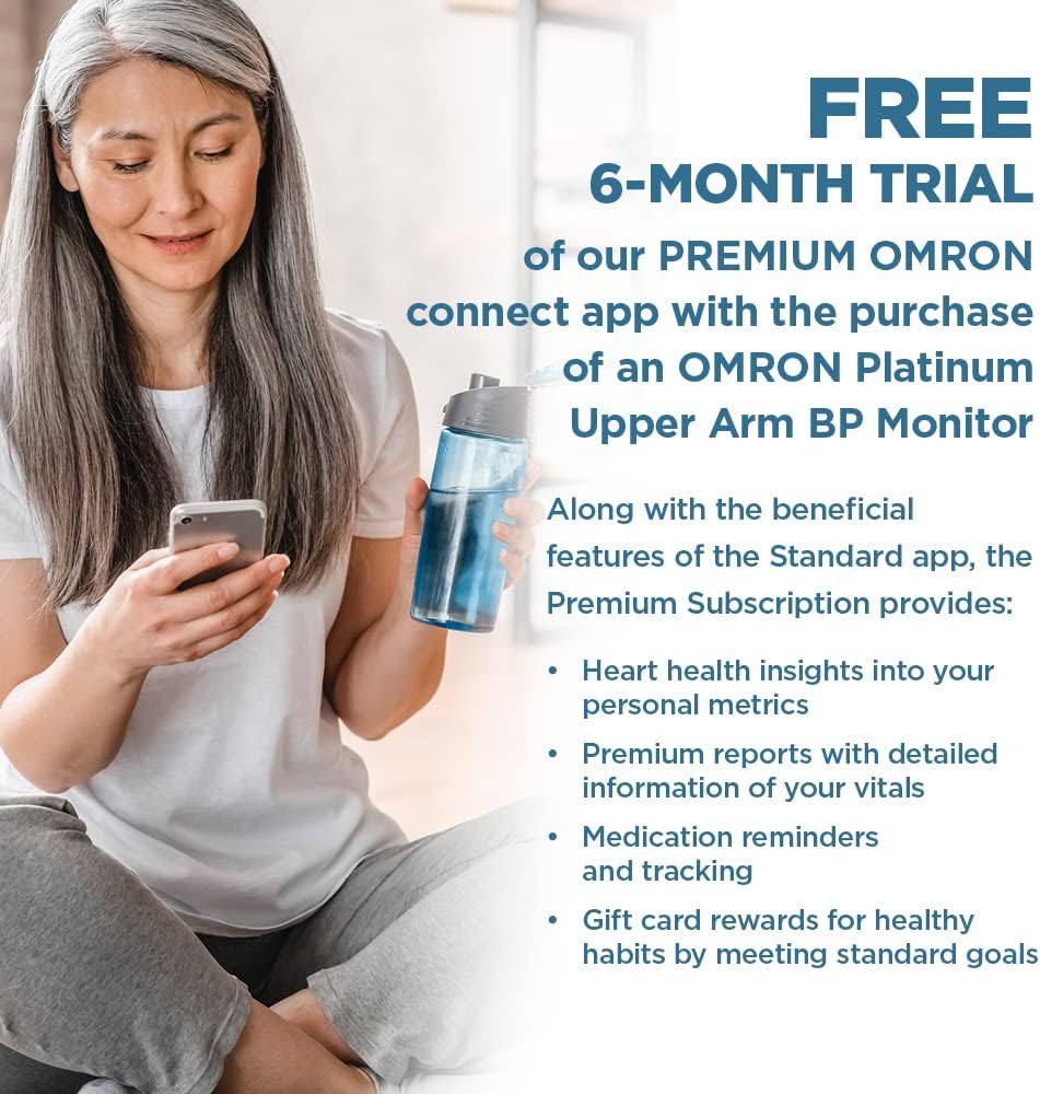 OMRON Platinum Blood Pressure Monitor with Free 6-month Premium Mobile App Trial, Upper Arm Cuff, Digital Bluetooth Blood Pressure Machine, Stores Up To 200 Readings for Two Users (100 readings each)